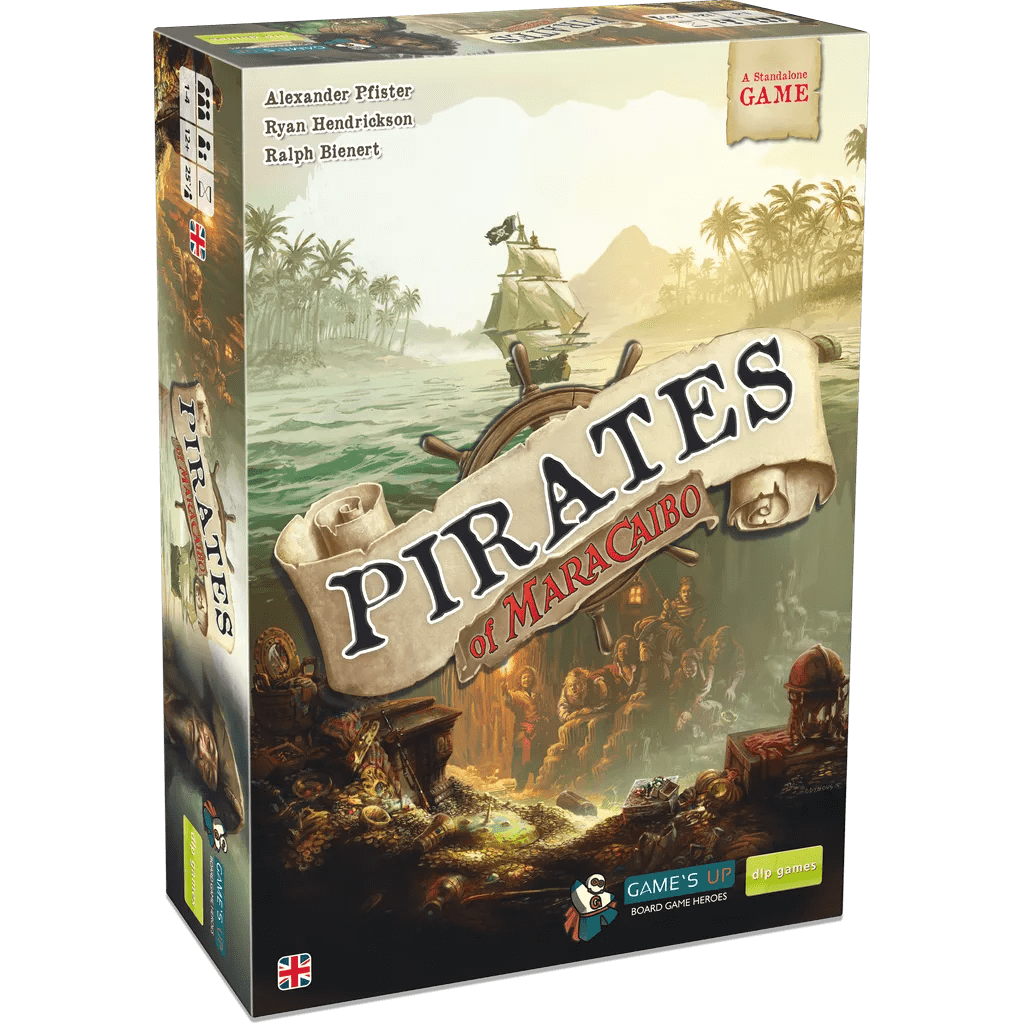 The box for Pirates of Maracaibo by Alderac Entertainment Group shows a pirate ship heading to a tropical island, with a treasure map and pirate icons behind it. The designers’ names appear at the top.