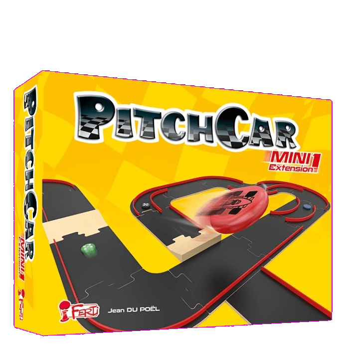 PitchCar Mini: Extension 1 by Ferti comes in a yellow box and includes special circuit pieces. The racetrack art shows a red disc in motion and a green disc nearby.