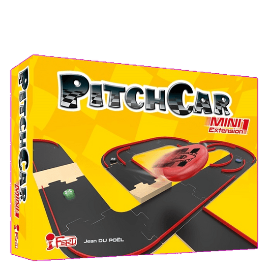 PitchCar Mini: Extension 1 by Ferti comes in a yellow box and includes special circuit pieces. The racetrack art shows a red disc in motion and a green disc nearby.