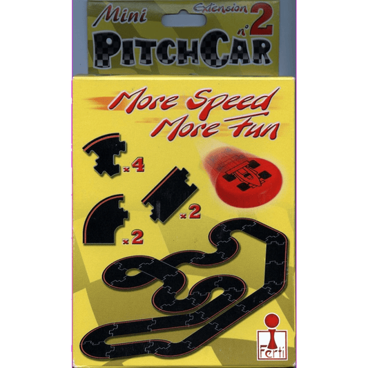 The box cover for Ferti’s PitchCar Mini: Extension 2 – More Speed More Fun shows curved and intersection tracks, a racing car, the tagline “More Speed More Fun,” and a black track layout on a yellow background.