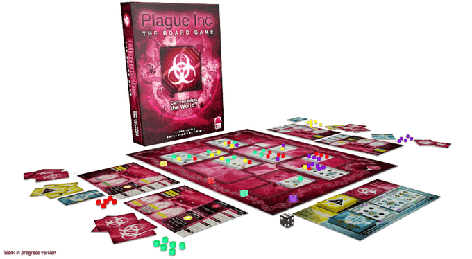 Plague Inc. by Ndemic Creation set up for play, featuring a striking red board, cards, colorful tokens, dice, and the box with its biohazard symbol—this strategic game challenges you to infect the world.