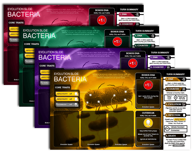Four overlapping game screens from Plague Inc. by Ndemic Creation display the Bacteria evolution panel, showing traits, stats, DNA points, and outbreak info in vivid red, green, yellow, and purple colors with a close-up of bacteria.