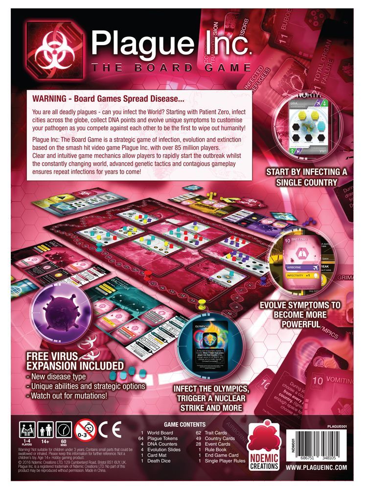Back cover of the Plague Inc. board game by Ndemic Creation, showing the game board, cards, and pieces. Highlights strategic disease infection gameplay and features plague-themed visuals and icons throughout.