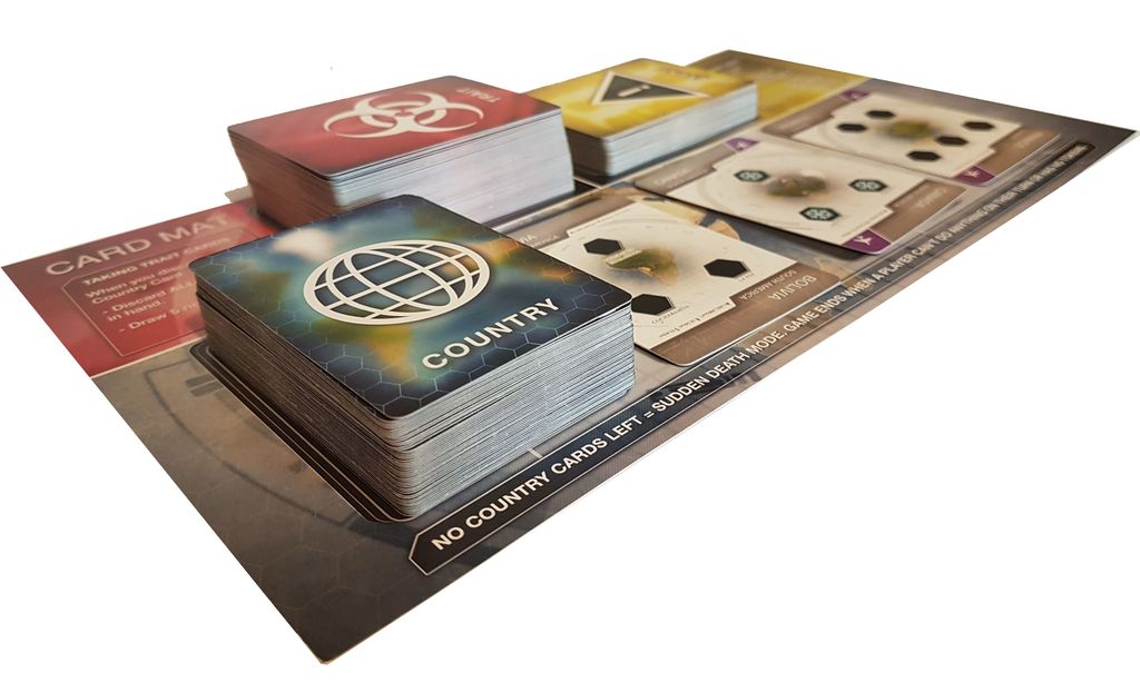 A close-up of the Plague Inc. board game by Ndemic Creation, showing stacks of Country and Event cards plus mats with globe and biohazard symbols—ideal for fans of thrilling disease infection games.