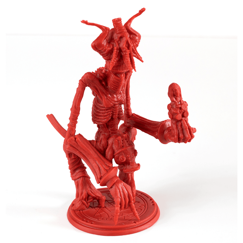 The Planet Apocalypse: Lord Jabootu Expansion by Petersen Games features a red, detailed Demon Lord Jabootu figurine with horns and clawed hands, standing on a patterned base while holding a small figure.