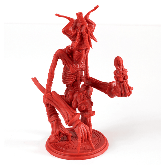 The Planet Apocalypse: Lord Jabootu Expansion by Petersen Games features a red, detailed Demon Lord Jabootu figurine with horns and clawed hands, standing on a patterned base while holding a small figure.