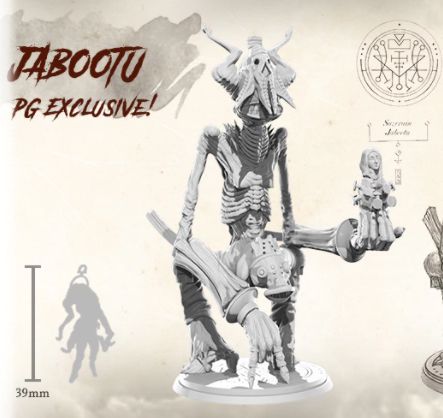 The Planet Apocalypse: Lord Jabootu Expansion by Petersen Games features a 39mm tall, skeletal, insect-like Demon Lord miniature holding a human. PG Exclusive! is displayed in stylized text.