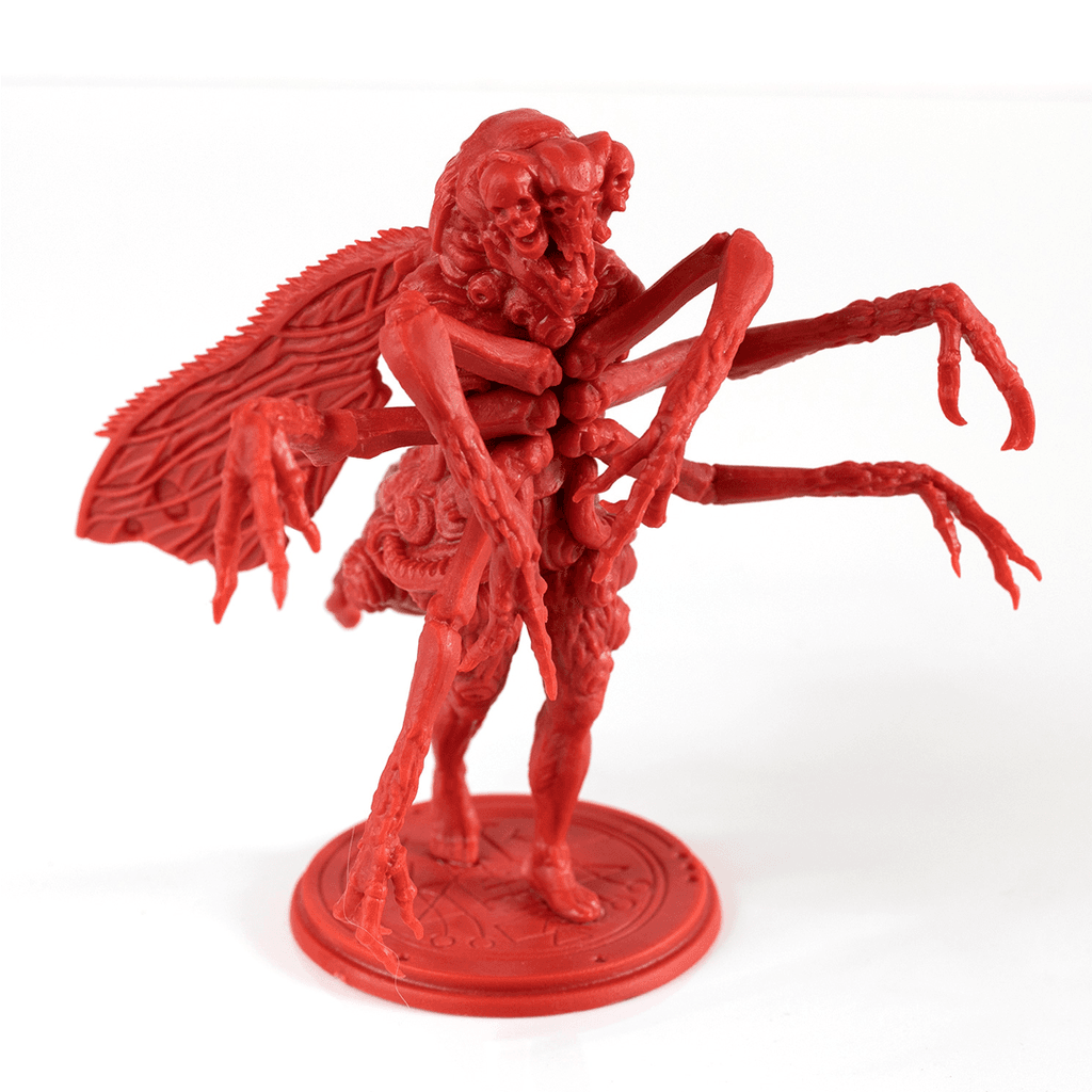 The Planet Apocalypse: Lord Procrustes Expansion by Petersen Games features a red plastic figurine of the insectoid Demon Lord, with multiple arms, claws, wings, and a segmented body poised on a circular base.