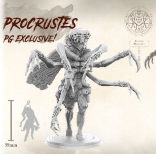 The Planet Apocalypse: Lord Procrustes Expansion by Petersen Games features a detailed 39mm miniature of the demon lord with insect arms, wings, and exoskeleton. Text reads "PROCRUSTES PG EXCLUSIVE!.