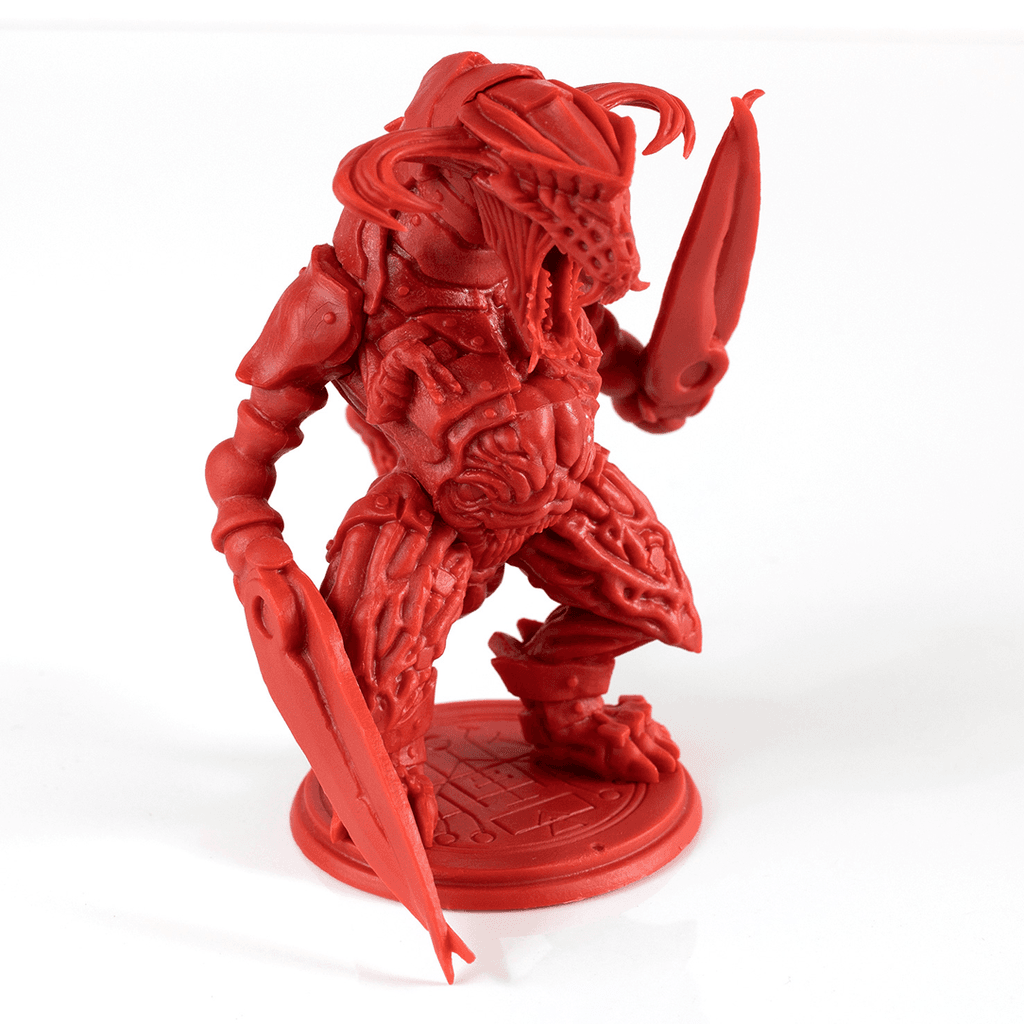 The Planet Apocalypse: Lord Pulgasaur Expansion by Petersen Games features a red plastic figurine of the fierce Demon Lord with bladed arms, textured armor, and an open-mouthed face, standing on a round base.