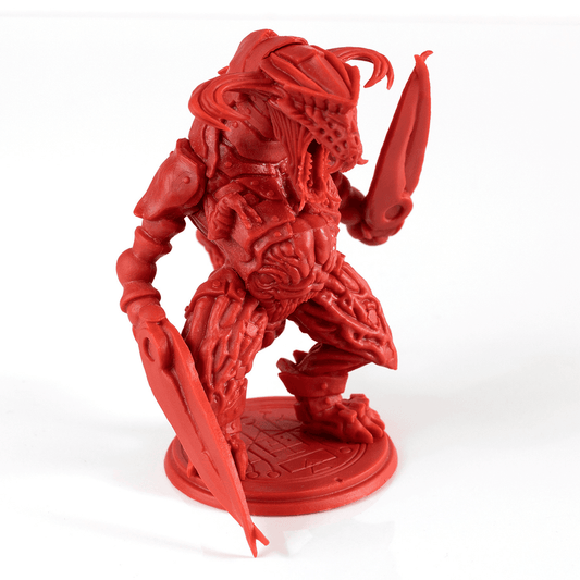The Planet Apocalypse: Lord Pulgasaur Expansion by Petersen Games features a red plastic figurine of the fierce Demon Lord with bladed arms, textured armor, and an open-mouthed face, standing on a round base.