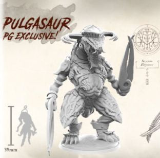 The Planet Apocalypse: Lord Pulgasaur Expansion by Petersen Games features a 39mm gray model with clawed arms, a horned head, and textured armor, capturing the terror of the Demon Lord on a detailed base.