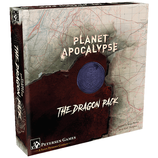 Planet Apocalypse: The Dragon Pack Expansion by Petersen Games is a boxed board game expansion with a dark, fiery design featuring a circular emblem and a faint map background.