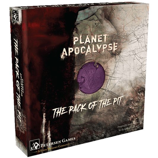 Planet Apocalypse: The Pack of the Pit Expansion by Petersen Games features a dark box with a purple emblem, a stylized map background, and chilling demon figures, adding new horrors to your Planet Apocalypse game.