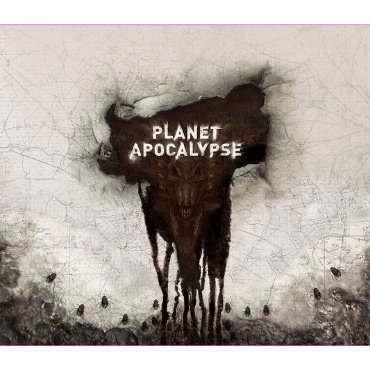 Beneath bold white PLANET APOCALYPSE text, a demonic horned face with sharp teeth emerges on a faded map as black goo drips and beetles scatter—a chilling scene for Petersen Games’ cooperative board game, Planet Apocalypse.