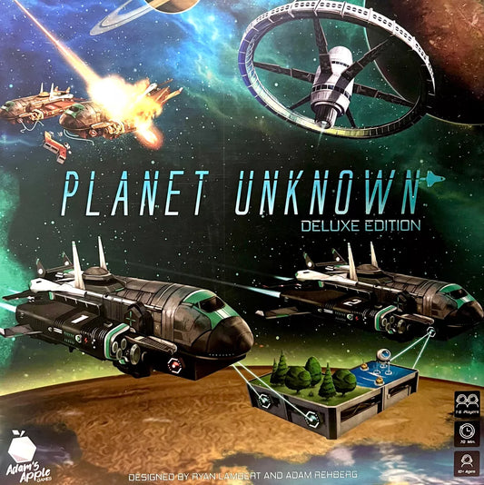 The box cover for Planet Unknown Deluxe Edition by Adam’s Apple Games, LLC showcases spaceships, a massive space station, and a cosmic landscape, reflecting the game's competitive strategy and polyomino tile placement mechanics.