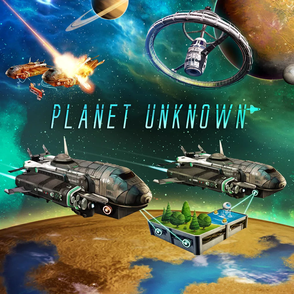 Two futuristic spacecraft fly over a planet, one transporting a floating green landscape for colonization. A space station and exploding ships appear in the stars. Text reads “Planet Unknown” from Adam’s Apple Games, LLC.