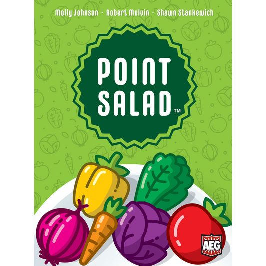 Box cover of Point Salad by Alderac Entertainment Group, showing vibrant illustrations of yellow pepper, carrot, red onion, lettuce, purple cabbage, and tomato on a green background with vegetable outlines.
