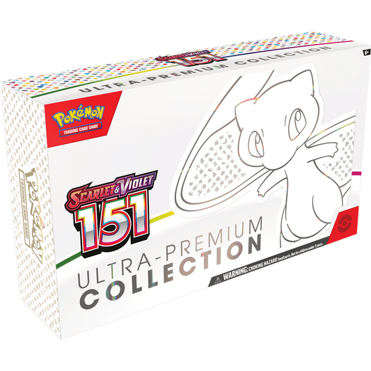 The Pokemon TCG: Scarlet & Violet 151 Ultra Premium Collection from Pokemon USA features an outlined Mew on the front and a vibrant Scarlet & Violet 151 logo in the top left corner.
