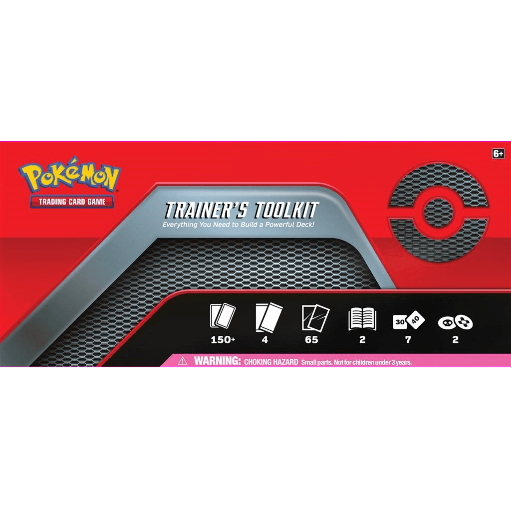 The image shows the front of the Pokemon TCG: Trainer's Toolkit box by Pokemon USA for the Pokemon Trading Card Game, featuring the Pokémon logo, icons for cards, sleeves, dice, and a small parts choking hazard warning.