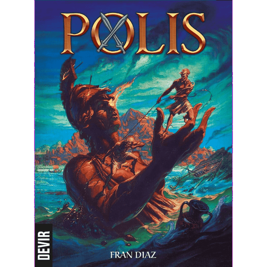 Cover art for Polis EN/ES by Devir, an Ancient Greece strategy game by Fran Diaz. A giant broken Greek warrior statue rises from the sea with city and mountains in the background. The title POLIS features crossed spears in the O at the top.