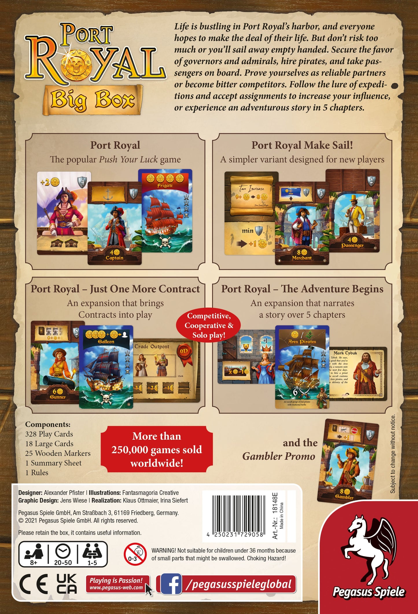 Back cover of Port Royal Big Box by Pegasus Spiele features game description, contents, images of included expansions, player count, play time, age rating, publisher logos, and promotional highlights.