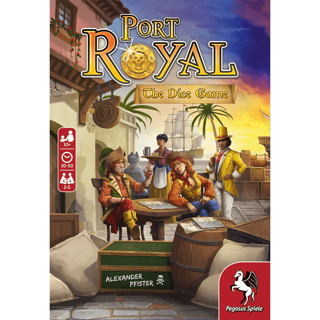 The cover of Port Royal: The Dice Game by Pegasus Spiele features three people in pirate and colonial-era attire around a dice-filled table, with a ship, seaside buildings, and the Pegasus Spiele logo in the corner.
