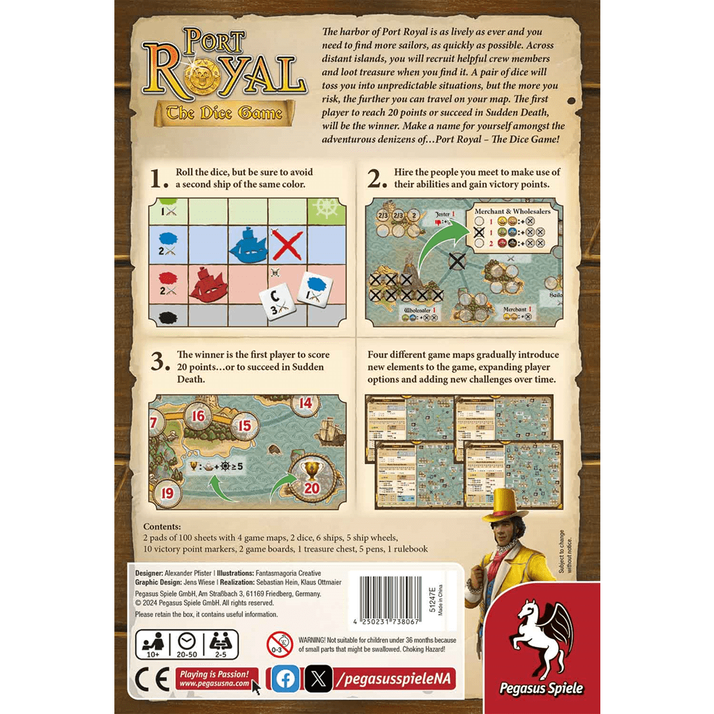 The back of the Port Royal: The Dice Game box shows crew recruitment, game instructions, components, and lively pirate map illustrations. The Pegasus Spiele logo and rating icons are displayed at the bottom.