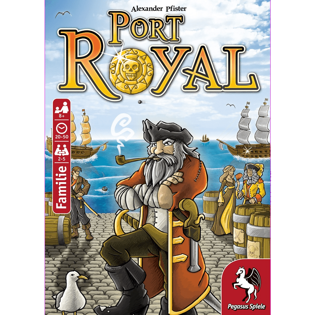 Port Royal cover art shows a bearded pirate with a hat and pipe on a dock by the Caribbean Sea, ships in the background, gold coins around, and the Pegasus Spiele logo in the corner.