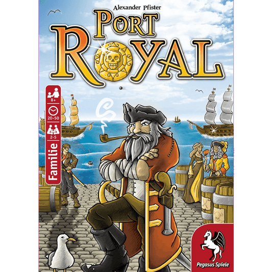 Port Royal cover art shows a bearded pirate with a hat and pipe on a dock by the Caribbean Sea, ships in the background, gold coins around, and the Pegasus Spiele logo in the corner.