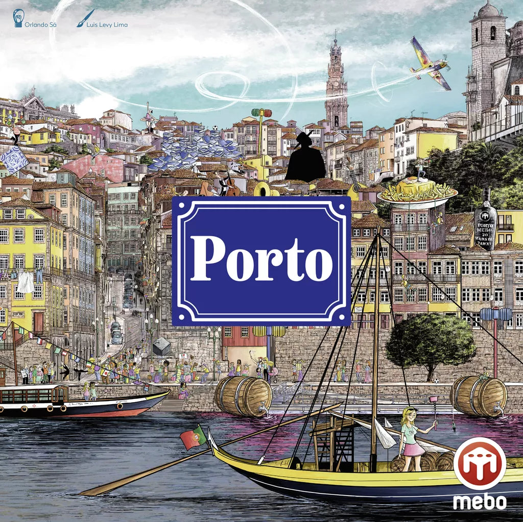 Colorful board game cover for Porto by Mebo Games, with vibrant riverside buildings, boats with barrels, a plane overhead, and a bold blue "Porto" sign—reflecting the lively card-driven city strategy inside.