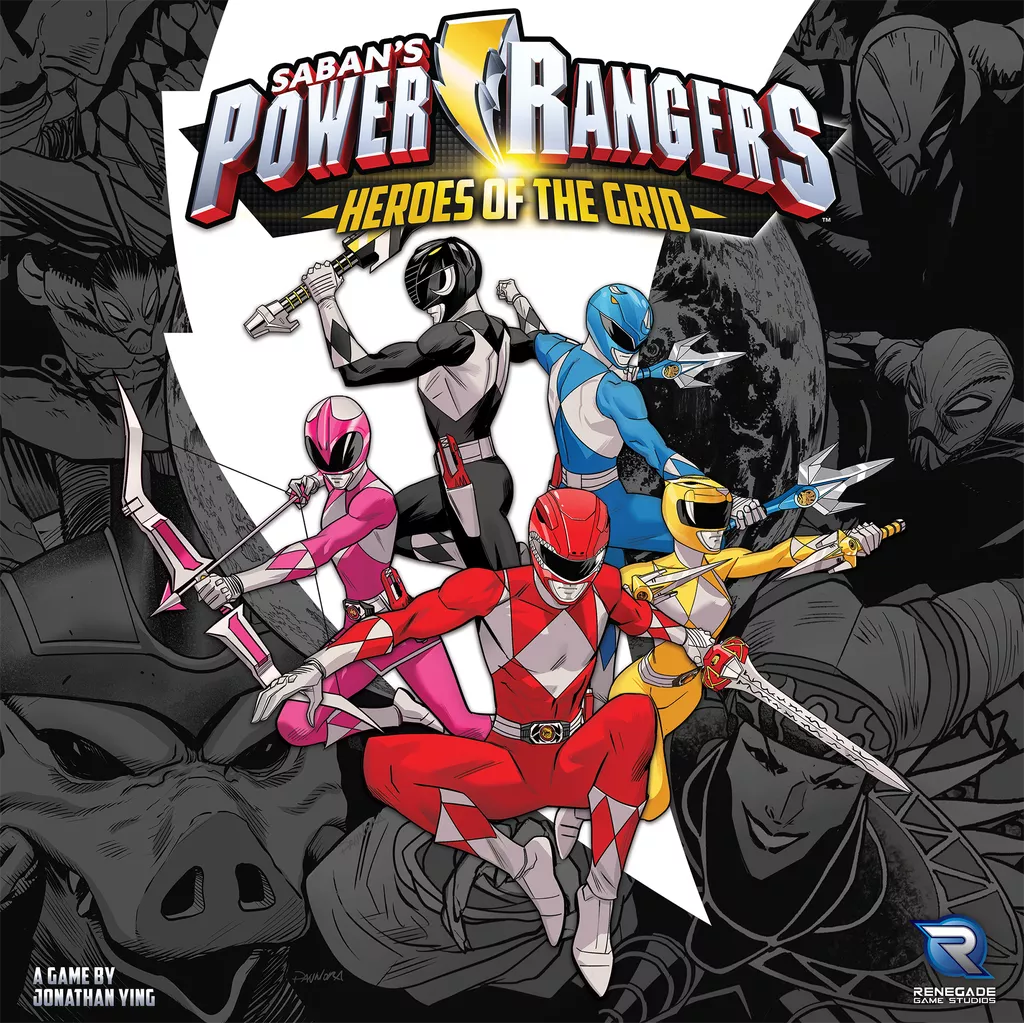 Five Power Rangers—red, pink, blue, yellow, and black—stand ready with weapons before a striking black-and-white backdrop featuring Rita Repulsa and the moon. Text reads “Power Rangers: Heroes of the Grid (Damaged)” by Renegade Game Studios.