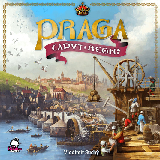 Praga Caput Regni board game cover by Delicious Games features medieval Prague’s bridges, iconic buildings, and a river. Workers build in the foreground, with a crown and the game title boldly displayed at the top.
