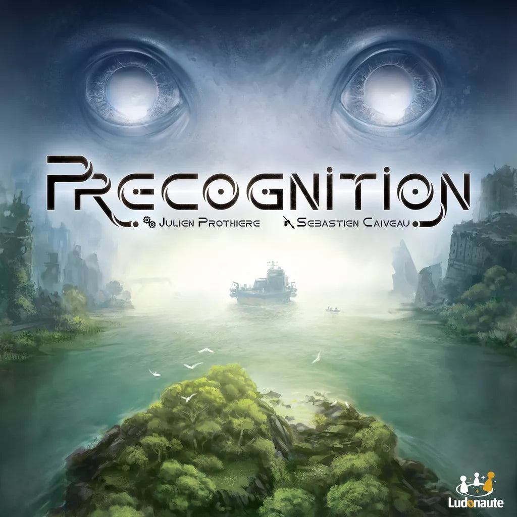 A mysterious pair of large eyes overlooks a misty river as a boat drifts away in Ludonaute’s Precognition. The bold, futuristic PRECOGNITION logo sits above the river, with credits and the Ludonaute logo at the bottom.