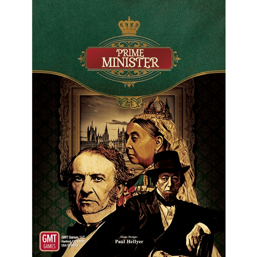 Board game cover for Prime Minister by GMT Games, showing illustrated Victorian-era figures, a palace backdrop, ornate green and gold design, and the title "Prime Minister" prominently at the top.