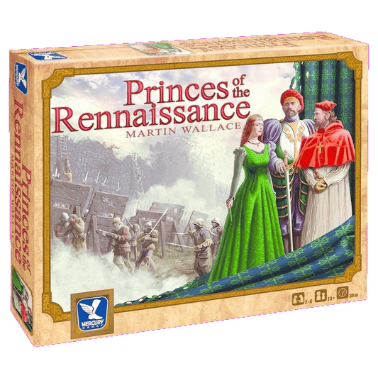 The Princes of the Renaissance board game box by Mercury Games showcases three elegant Renaissance figures, a cityscape, and catapults in the background, reflecting its strategic condottiere theme.