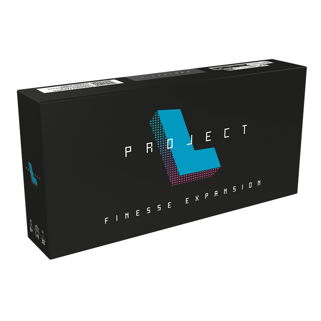 A black rectangular box labeled "Project L: Finesse Expansion EN/DE/FR" by Boardcubator features a blue geometric L design and white text on the front, displayed against a plain white background.