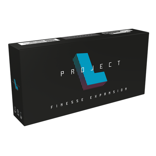 A black rectangular box labeled "Project L: Finesse Expansion EN/DE/FR" by Boardcubator features a blue geometric L design and white text on the front, displayed against a plain white background.