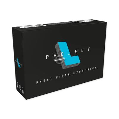 The Project L: Ghost Piece Expansion EN/DE/FR by Boardcubator features a black box with a blue puzzle piece and stylized text, ideal for 6-player games with challenging level-5 Ghost Pieces, set against a plain white background.