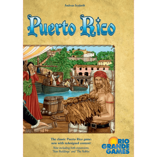 The cover of Puerto Rico: Deluxe Edition by Rio Grande Games depicts a bustling colonial port with ships, barrels, palm trees, and workers—including a man holding sugarcane—reflecting this classic plantation strategy game's vibrant setting.