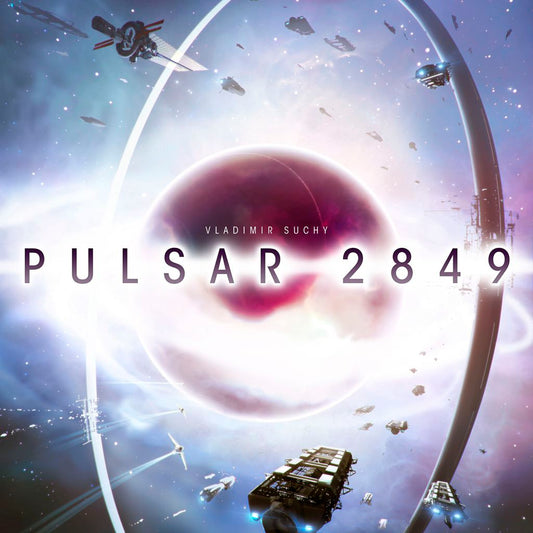 A large purple and white pulsar glows in space as spaceships and satellites orbit it, evoking the excitement of exploration. The text "Pulsar 2849" and "Czech Games Edition (CGE)" appears over the sci-fi cosmic background.