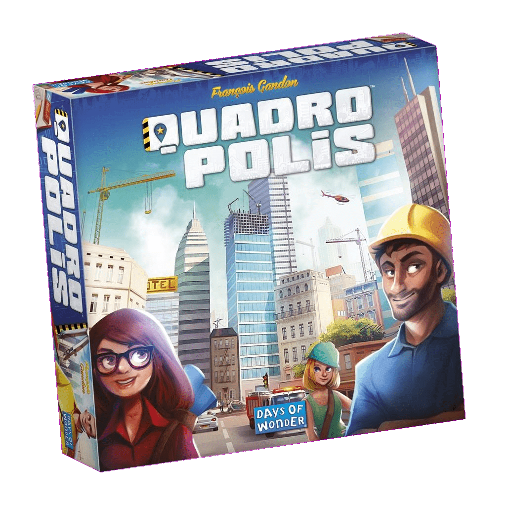 The Quadropolis box cover by Days of Wonder shows illustrated city buildings, a crane, and cartoon builders in hats. It hints at the tile placement challenge within this engaging city-building board game.