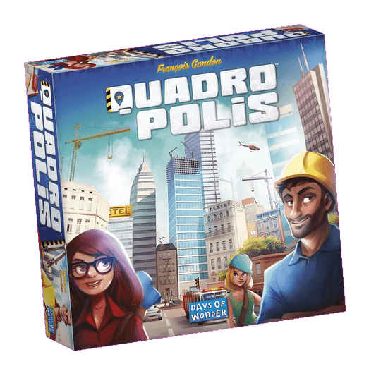 The Quadropolis box cover by Days of Wonder shows illustrated city buildings, a crane, and cartoon builders in hats. It hints at the tile placement challenge within this engaging city-building board game.