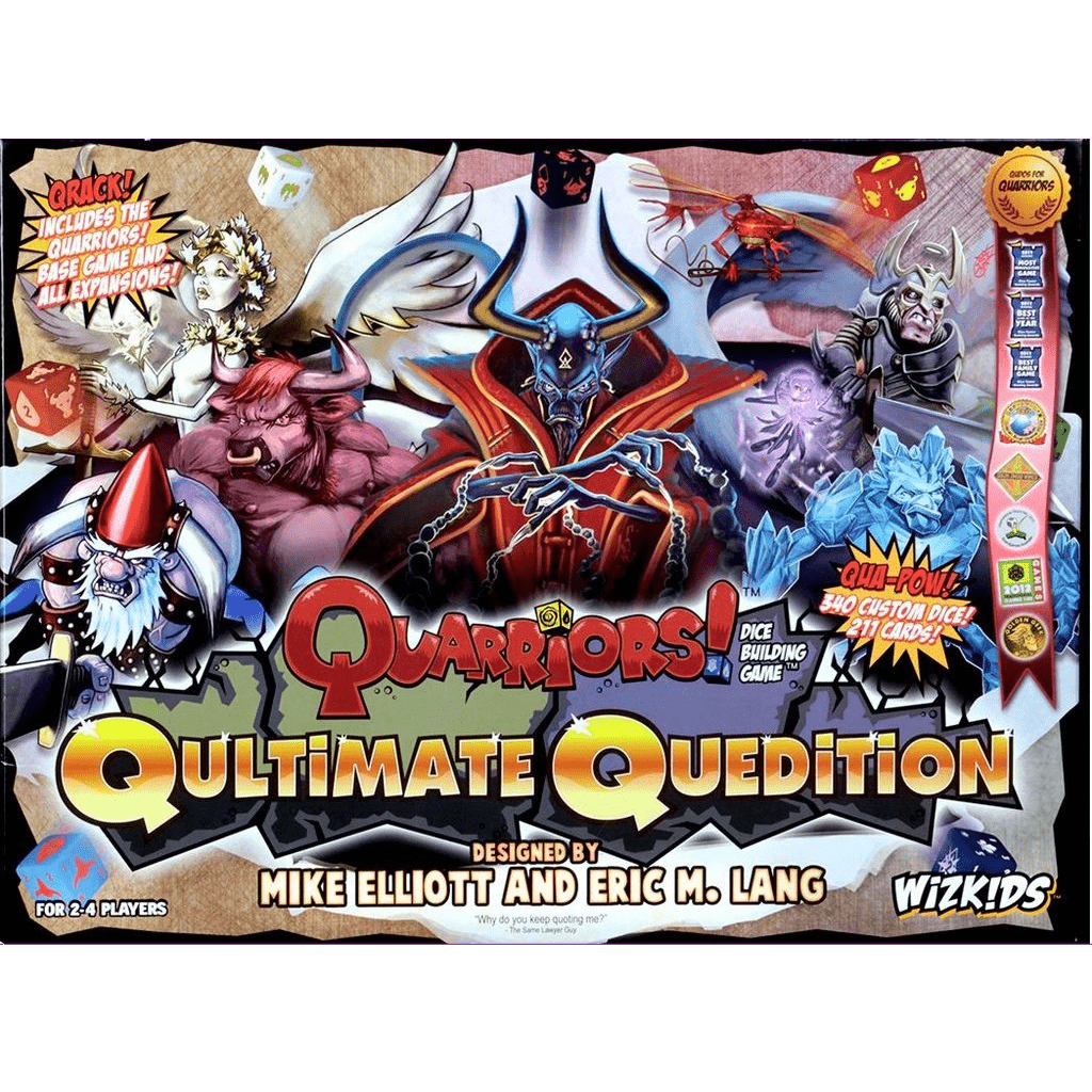 Box cover for Wizkids’ Quarriors! Qultimate Quedition deck-building dice game, showing vibrant fantasy creatures—red devil, wizard, and monsters—with product details and logos around the edges.