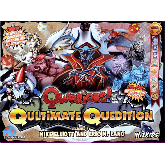 Box cover for Wizkids’ Quarriors! Qultimate Quedition deck-building dice game, showing vibrant fantasy creatures—red devil, wizard, and monsters—with product details and logos around the edges.