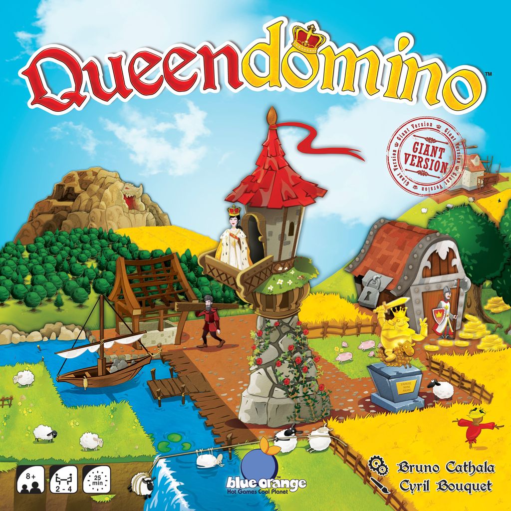 Vibrant box cover for Queendomino Giant Version Multilingual by Blue Orange, showing a queen in a tower, sheep, windmill, medieval farm with greenery, wooden bridge, and river. A strategic family board game. Game info and logos at the bottom.