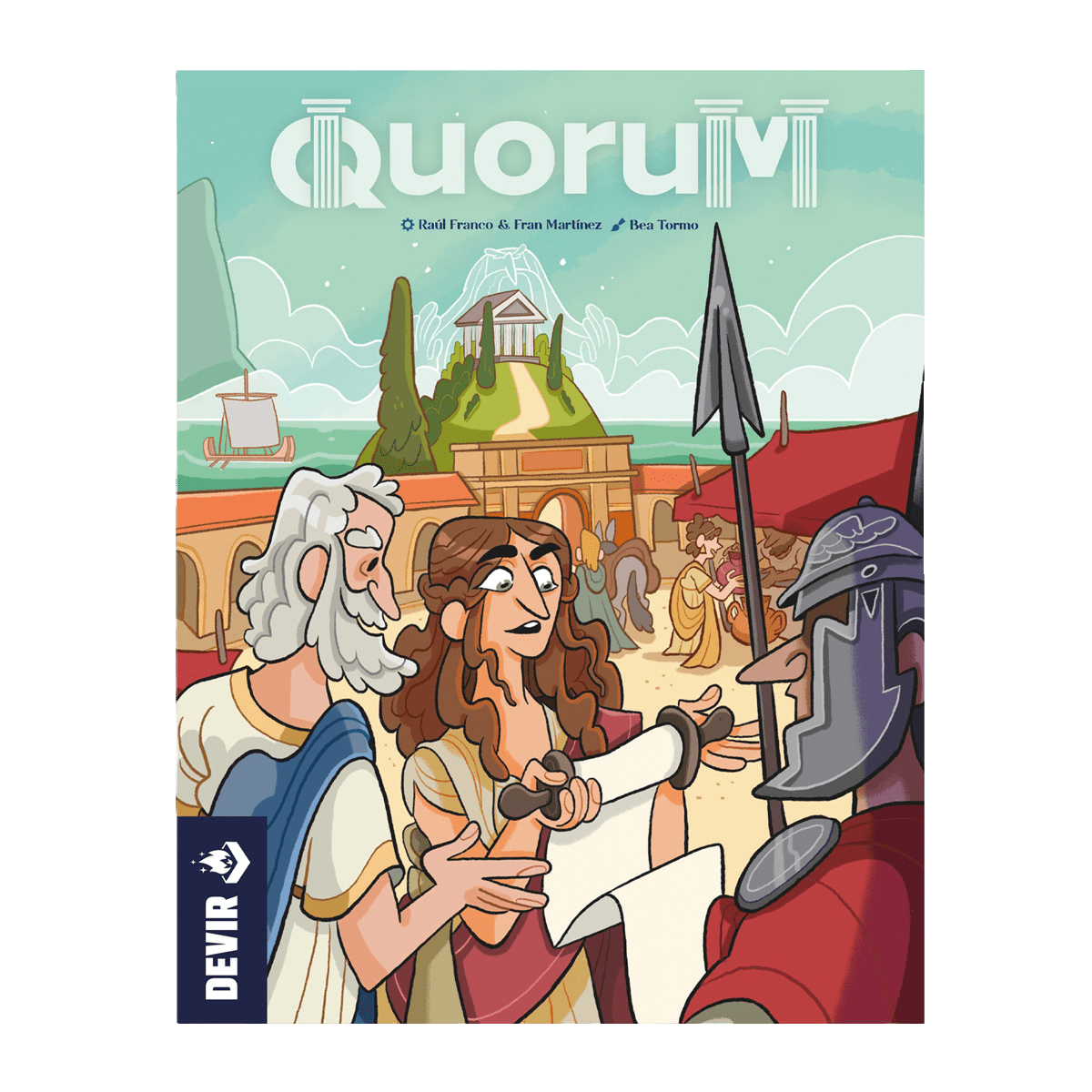 Illustration of ancient Greeks and a Roman soldier discussing a scroll in a classical city. The title Quorum by Devir appears at the top, suggesting an influence strategy game inspired by Roman board games.