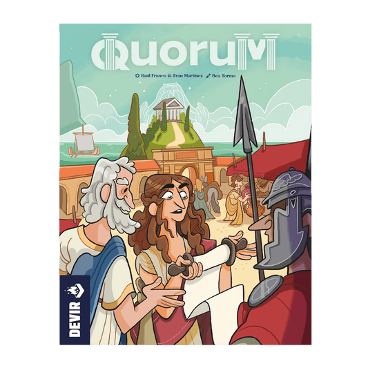 Illustration of ancient Greeks and a Roman soldier discussing a scroll in a classical city. The title Quorum by Devir appears at the top, suggesting an influence strategy game inspired by Roman board games.