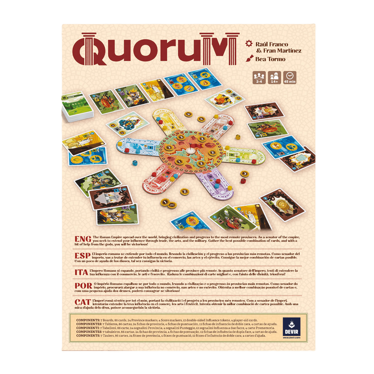 Quorum by Devir, an influence strategy board game, features a vibrant central board, character cards, tokens, and pieces displayed on a light background. Multilingual rules and game details are shown below the image.