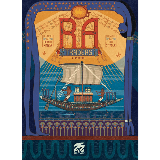 The Ra: Traders Expansion cover from 25th Century Games features Egyptian-inspired art: a radiant sun, bold stylized RA lettering, a Nile River boat with figures, and blue arms framing the vibrant scene.